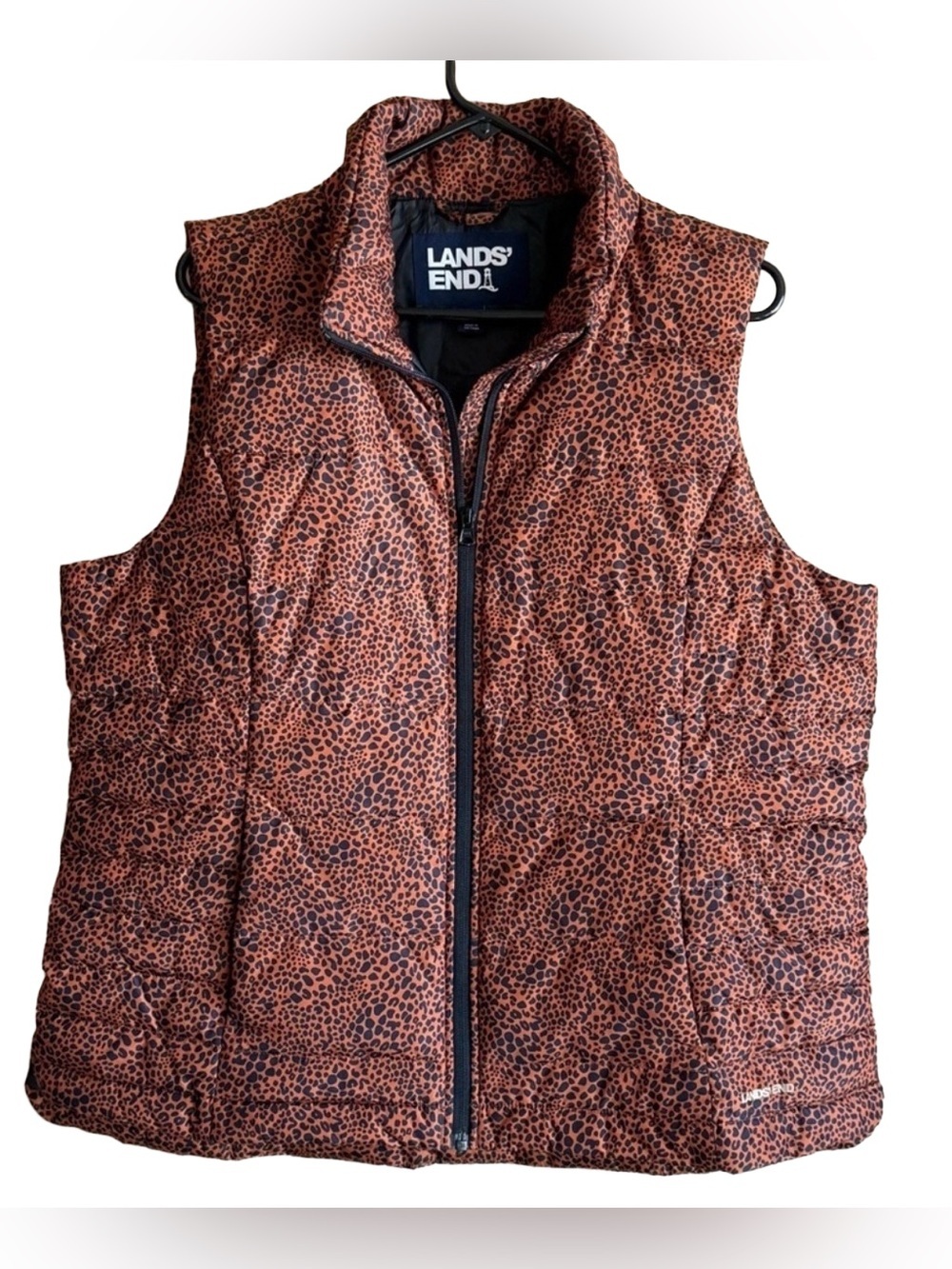 Lands’ End Leopard Print Down Vest Rusty Orange Black Women’s XL